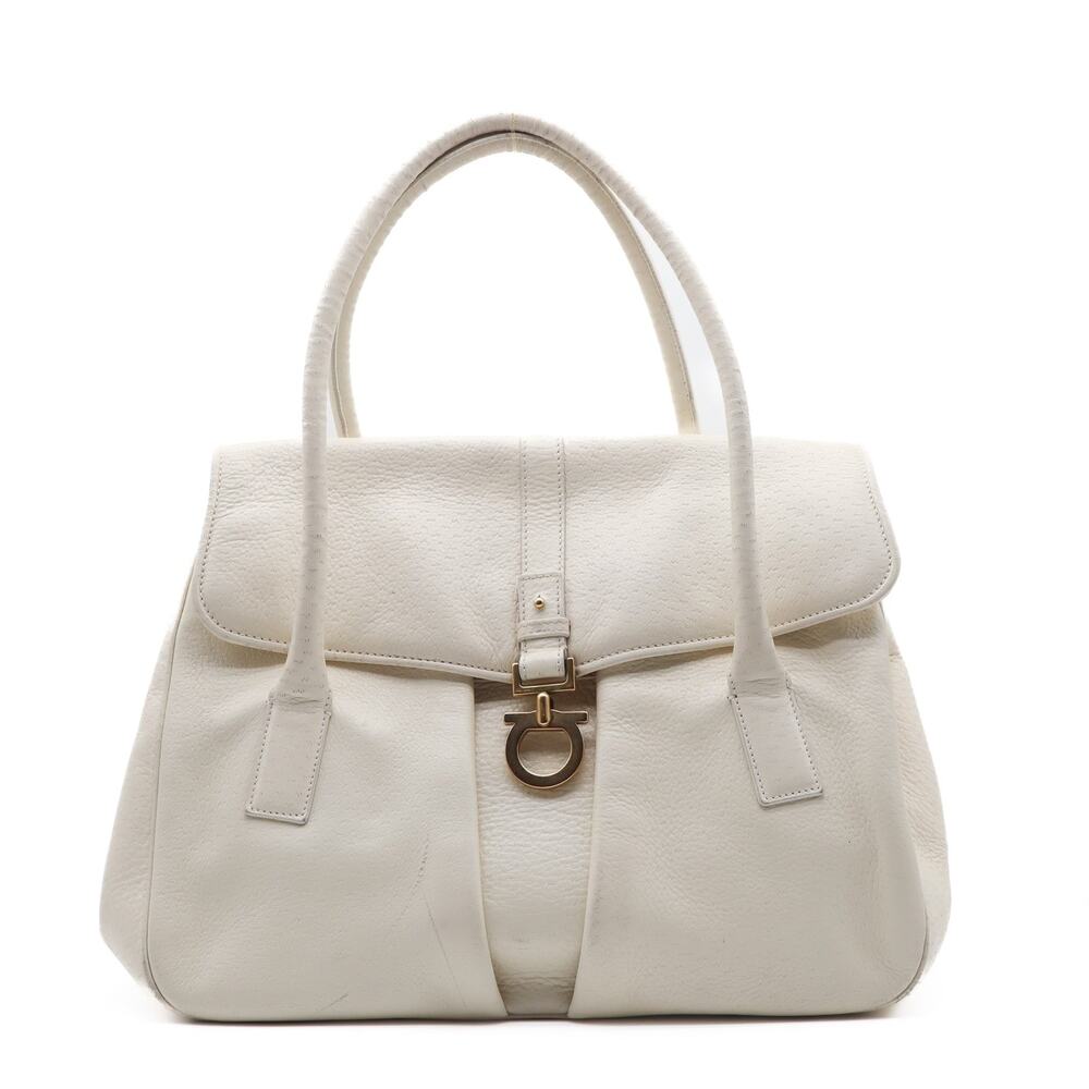 Salvatore Ferragamo Gancini Textured Leather Top Handle Ivory Satchel